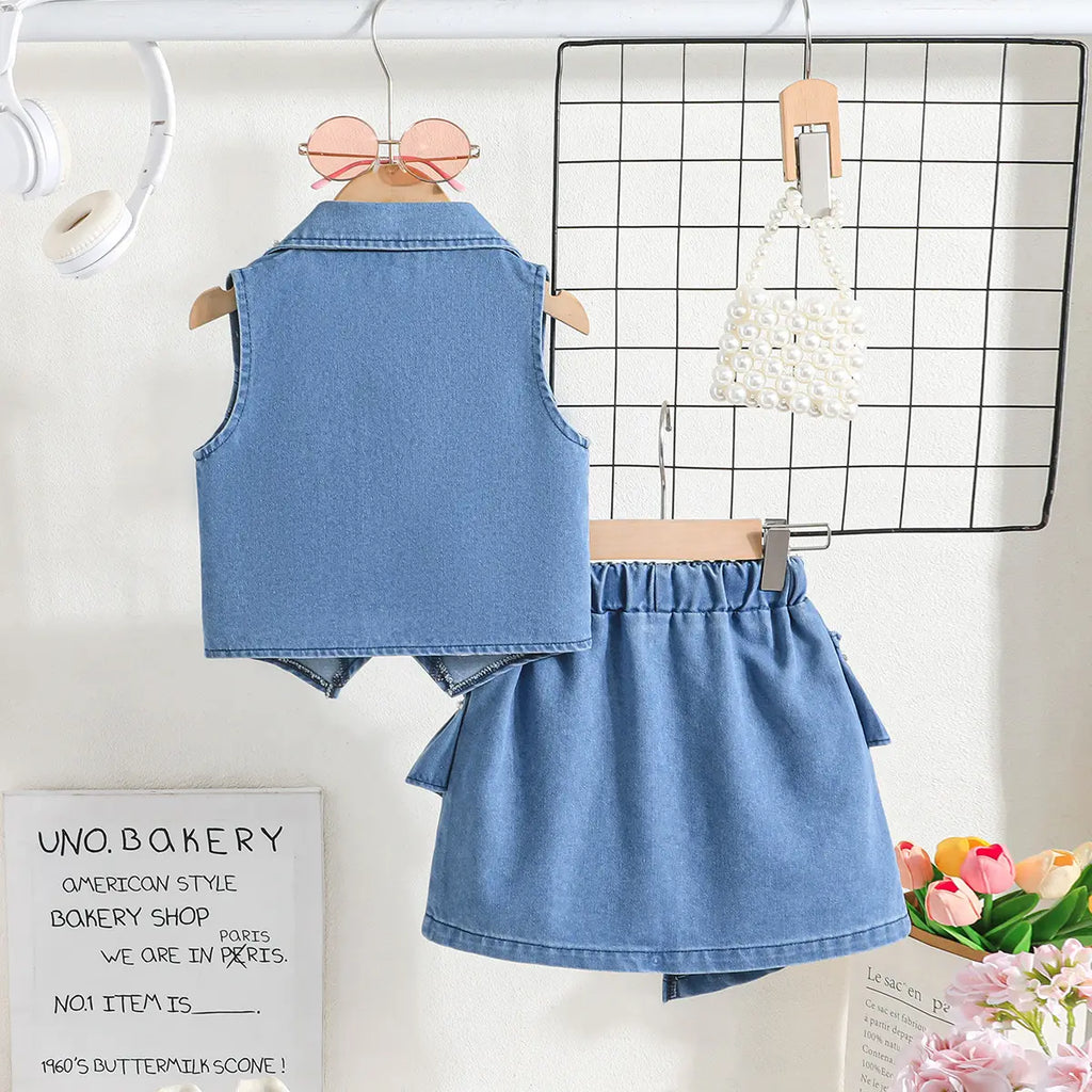 Girls Blue Light Wash Sleeveless Top With Elasticated Skirts Sets 2 pc. Sets