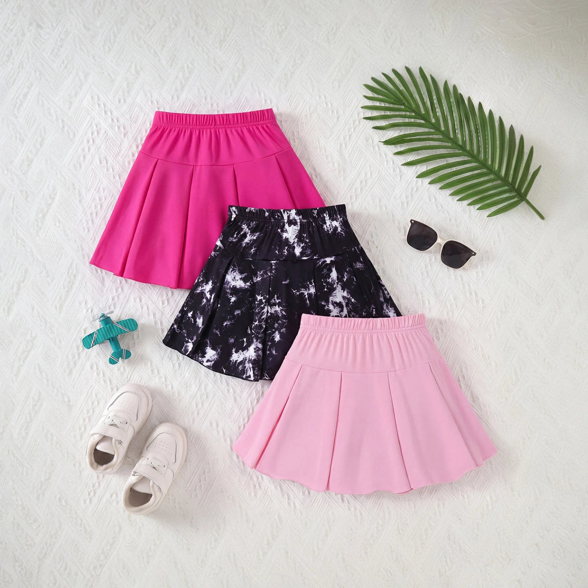 Girls Multicolor Bow Print Pleated Skorts Pack Of 3 Skirts