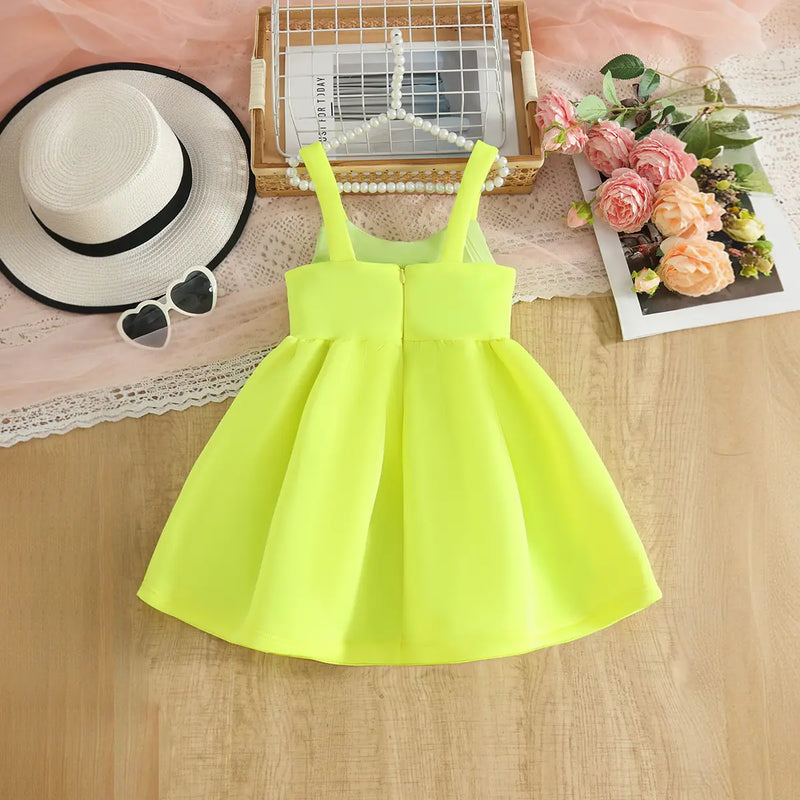 Girls Lime Yellow Flower Applique Fit & Flare Party Wear Dress Party Dresses