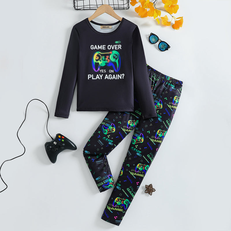 Boys Black Gaming Printed Glow in the Dark T-Shirt & Pajama Winter Set 2 pc. Sets