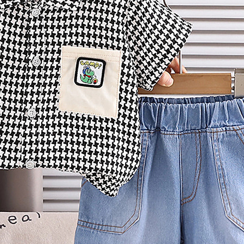 Boys Black Checked Short Sleeve Shirt With Denim Shorts Sets 2 pc. Sets