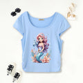 Girls Light Blue Mermaid Print Short Sleeves Scoop Neck T-Shirt Tshirts Light Blue 7-8 Y