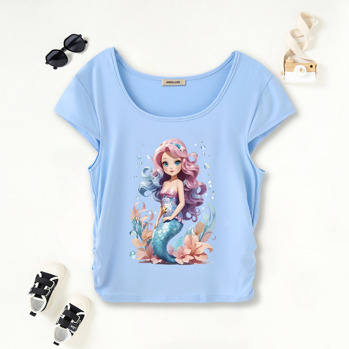 Girls Light Blue Mermaid Print Short Sleeves Scoop Neck T-Shirt Tshirts Light Blue 7-8 Y