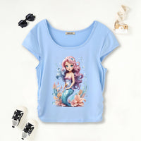 Girls Light Blue Mermaid Print Short Sleeves Scoop Neck T-Shirt Tshirts Light Blue 7-8 Y