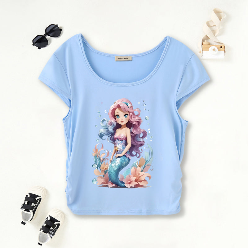 Girls Light Blue Mermaid Print Short Sleeves Scoop Neck T-Shirt Tshirts Light Blue 7-8 Y