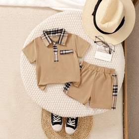 Boys Light Brown Checked Collar Polo T-Shirt With Shorts Set 2 pc. Sets Light Brown 3-4 Y
