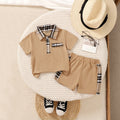 Boys Light Brown Checked Collar Polo T-Shirt With Shorts Set 2 pc. Sets Light Brown 3-4 Y