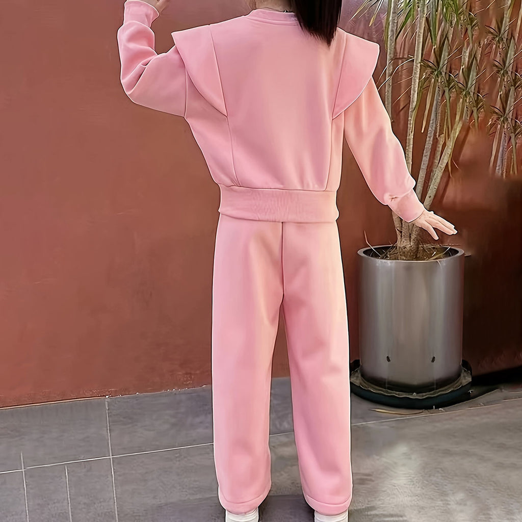 Girls Pink Typographic Printed Sweatshirt With Pants Winter Co-ord Sets 2 pc. Sets