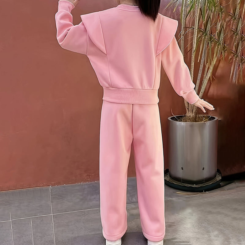 Girls Pink Typographic Printed Sweatshirt With Pants Winter Co-ord Sets 2 pc. Sets