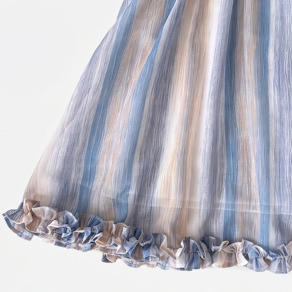 Girls Blue Striped Sleeveless Ruffled A-line Dress Casual Dresses
