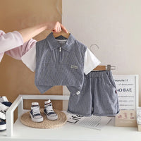 Boys Dark Grey Striped Zip-Up T-Shirt With Shorts Sets Sets Dark Grey 1-2 Y