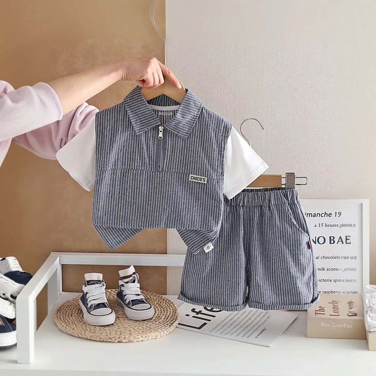 Boys Dark Grey Striped Zip-Up T-Shirt With Shorts Sets Sets Dark Grey 1-2 Y