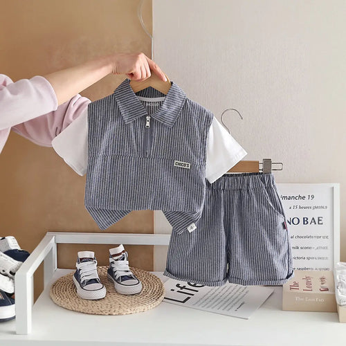 Boys Dark Grey Striped Zip-Up T-Shirt With Shorts Sets Sets Dark Grey 1-2 Y