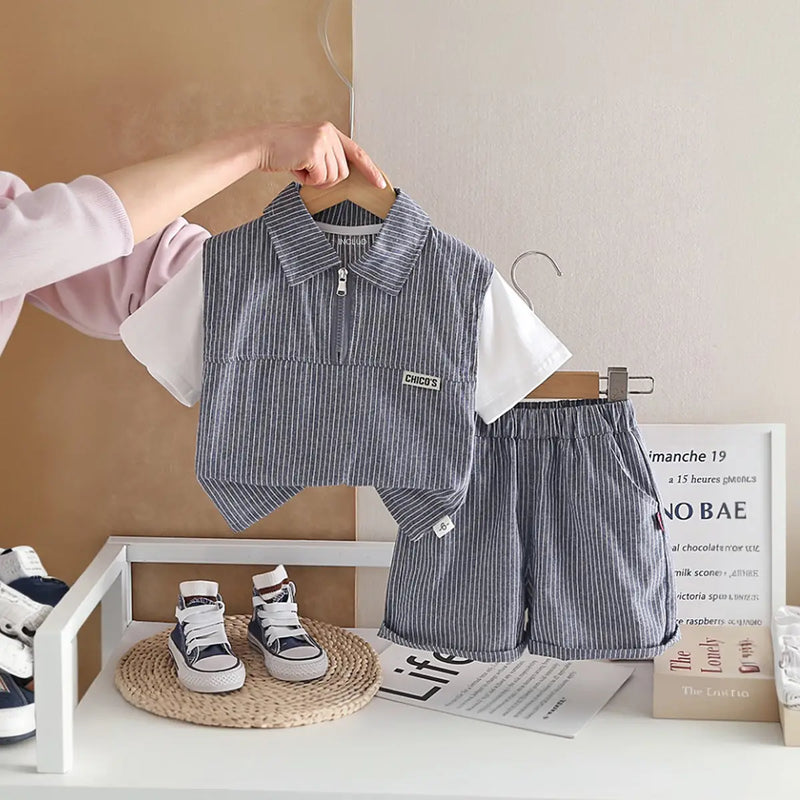Boys Dark Grey Striped Zip-Up T-Shirt With Shorts Sets Sets Dark Grey 1-2 Y