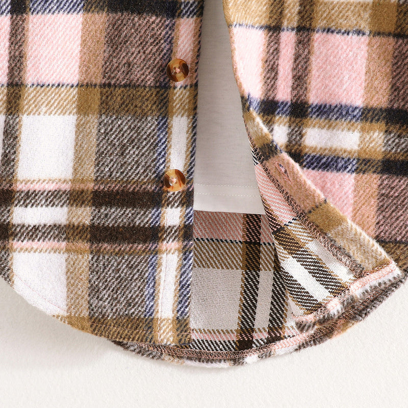 Girls Brown Flannel Checkered Full Sleeves Shacket Coats & Jackets