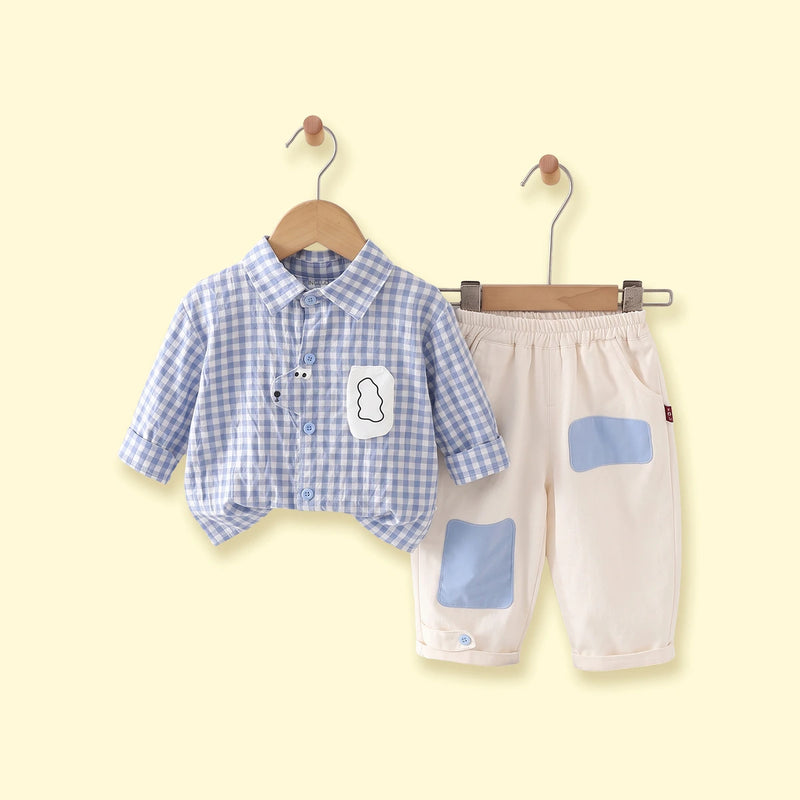 Boys Blue Checked Long Sleeves Shirt & Pants Sets Sets Blue 1-2 Y