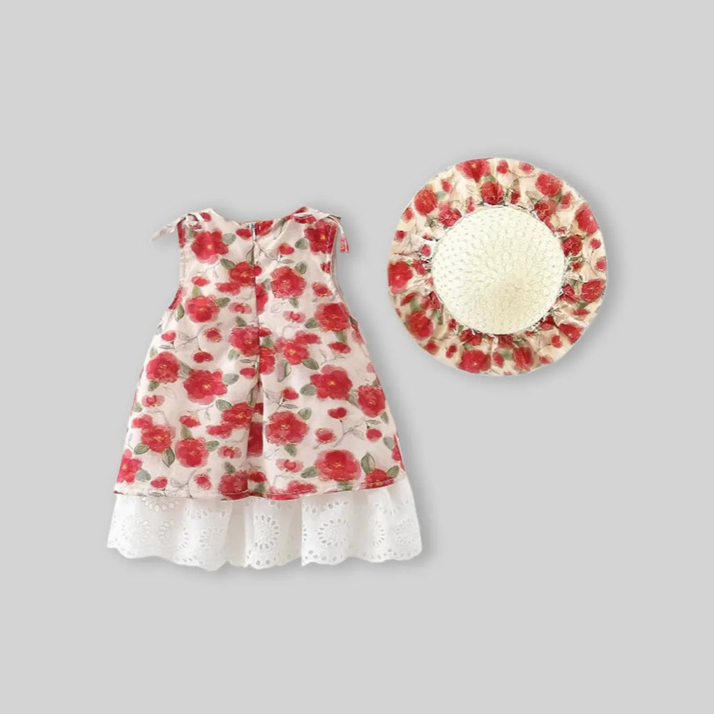 Girls Red Floral Print Sleeveless A-line Dress With Matching Sun Hat Casual Dresses