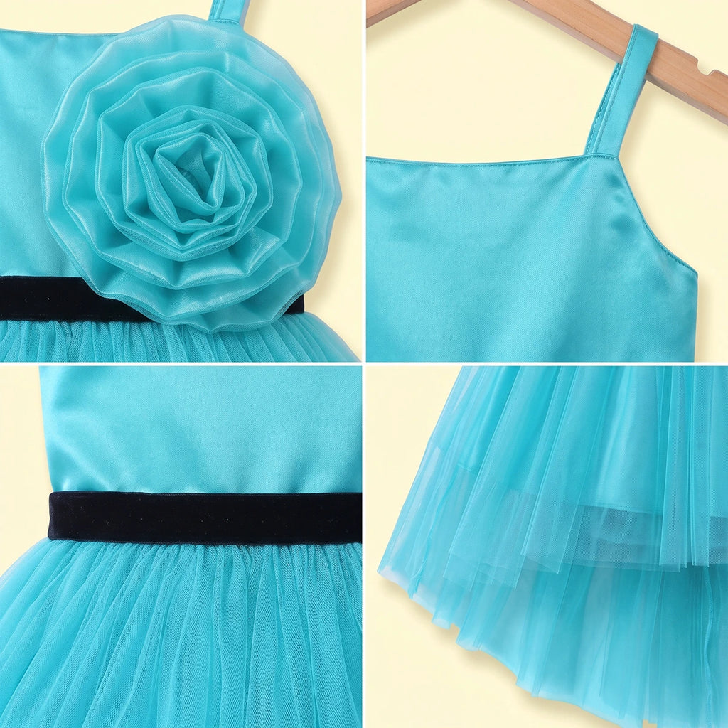 Girls Turquoise Blue Floral Applique Fit & Flare Party Dress Party Dresses