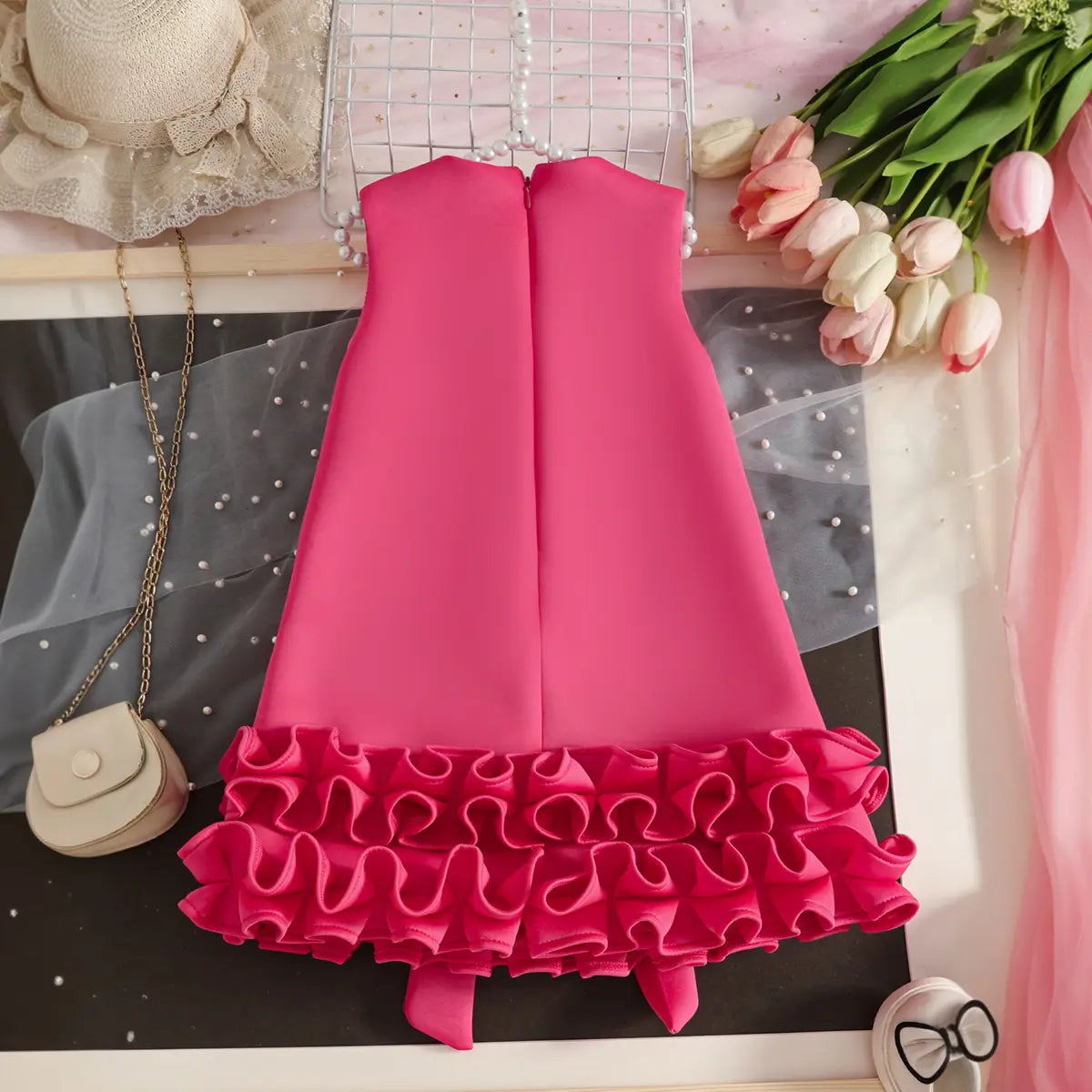 Girls Fuchsia Sleeveless Large Bow Applique A-line Party Wear Dress Party Dresses