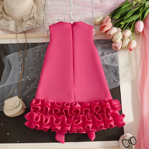 Girls Fuchsia Sleeveless Large Bow Applique A-line Party Wear Dress Party Dresses
