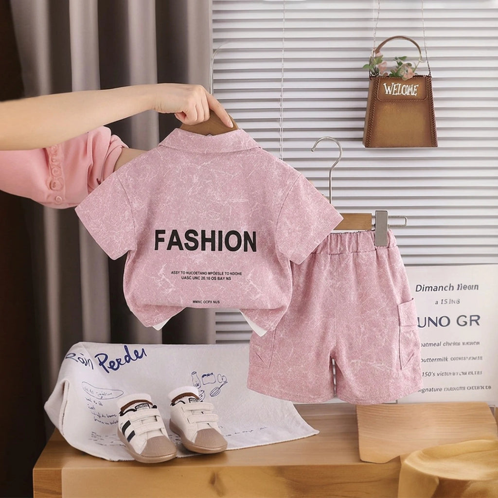 Boys Pink Typographic Printed Shirt With Printed T-shirt And Shorts Sets 3 pc. Sets
