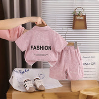 Boys Pink Typographic Printed Shirt With Printed T-shirt And Shorts Sets 3 pc. Sets