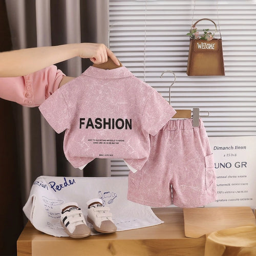 Boys Pink Typographic Printed Shirt With Printed T-shirt And Shorts Sets 3 pc. Sets