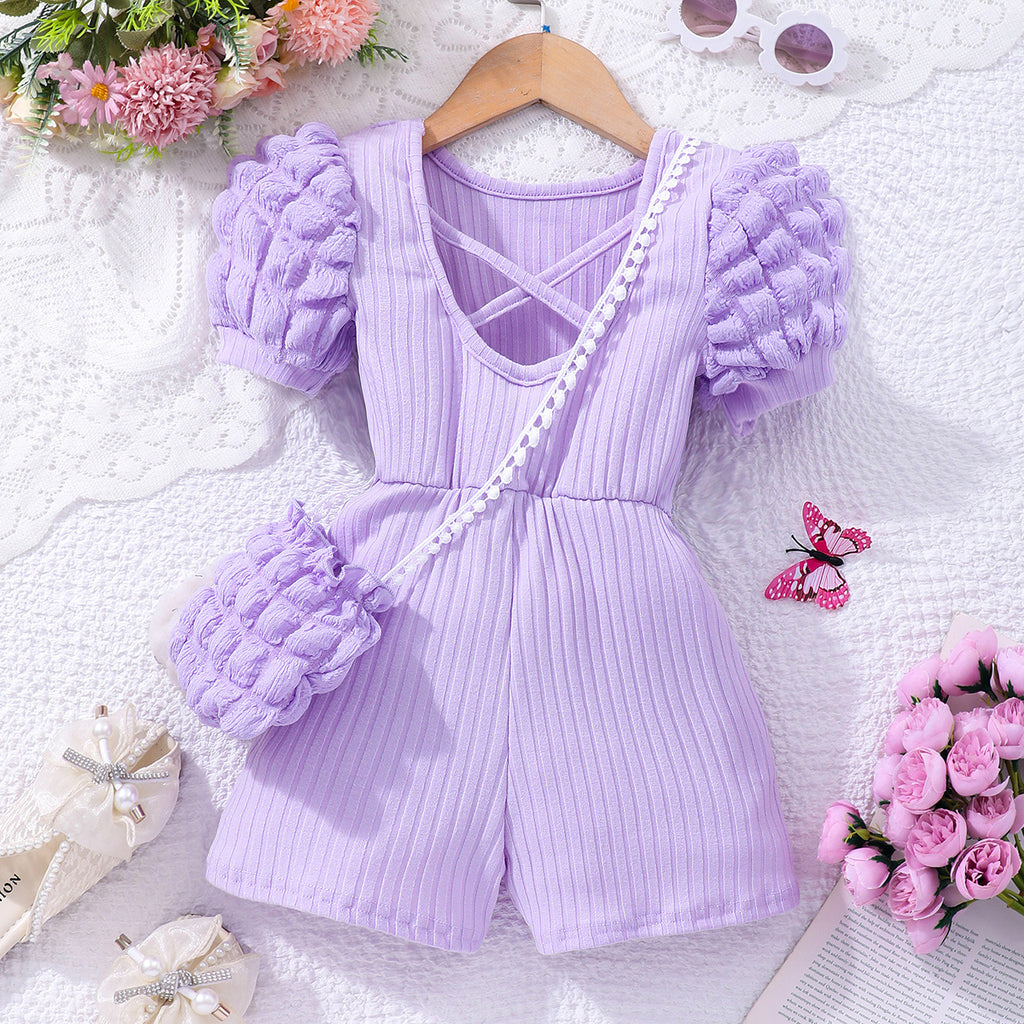 Girls Purple Ribbed Above Knee Length Jumpsuit with Sling Bag Jumpsuits