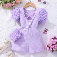 Girls Purple Ribbed Above Knee Length Jumpsuit with Sling Bag Jumpsuits
