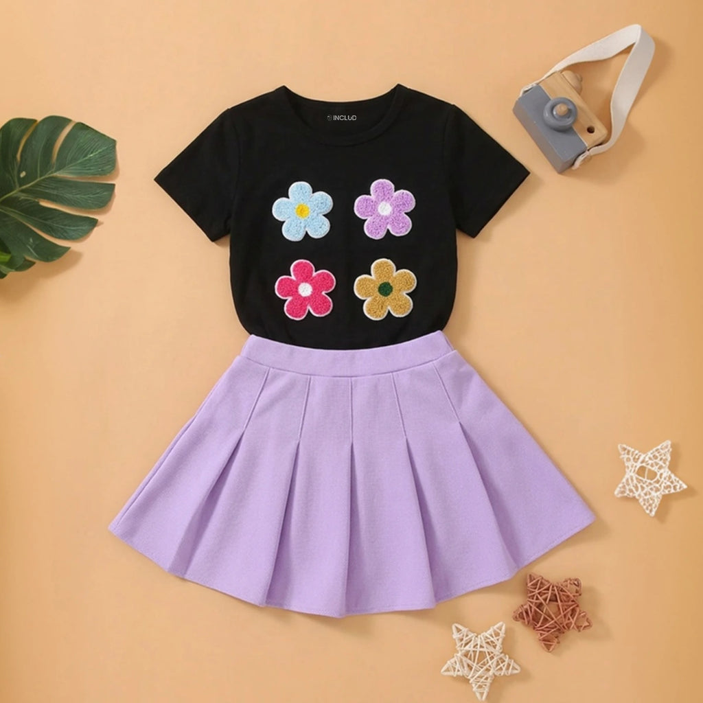 Girls Black Floral Applique T-Shirt With Skirt Sets Sets Black 7-8 Y