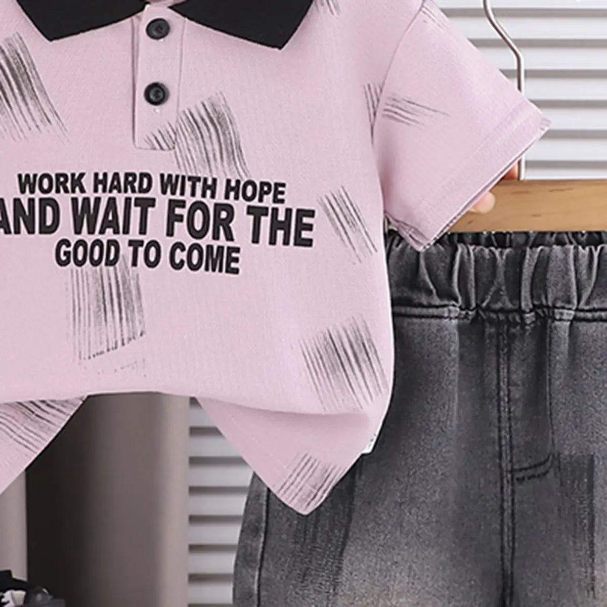 Boys Dusty Pink Typography Printed Polo T-Shirt with Denim Shorts Sets 2 pc. Sets