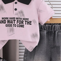 Boys Dusty Pink Typography Printed Polo T-Shirt with Denim Shorts Sets 2 pc. Sets