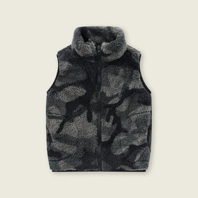 Girls Dark Grey Abstract Printed Fleece Front Zipper Sleeveless Winter Jacket Coats & Jackets