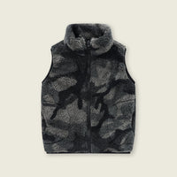 Girls Dark Grey Abstract Printed Fleece Front Zipper Sleeveless Winter Jacket Coats & Jackets
