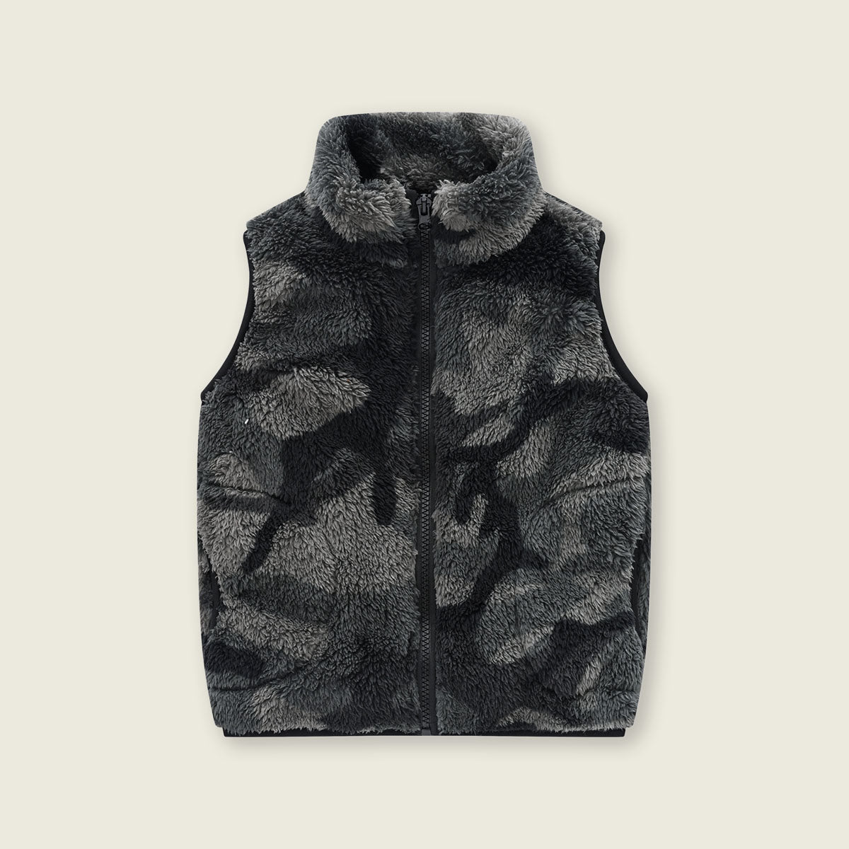 Girls Dark Grey Abstract Printed Fleece Front Zipper Sleeveless Winter Jacket Coats & Jackets
