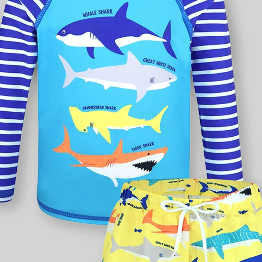 Boys Light Blue Fish Printed Long Sleeves T-Shirt & Shorts Swimsuit Sets Sets