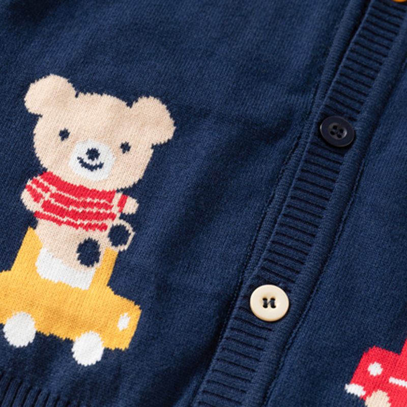 Boys Navy Blue Cardigan With Self-design Teddy Patterns Sweaters & Cardigans