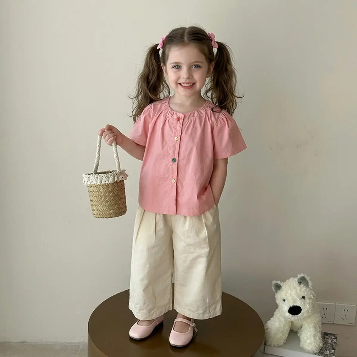 Girls Pink Puff Sleeve Button-Down Top With Pants Sets Sets Pink 1-2 Y