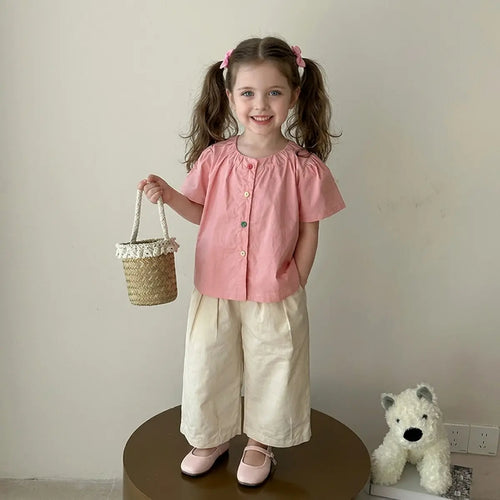 Girls Pink Puff Sleeve Button-Down Top With Pants Sets Sets Pink 1-2 Y