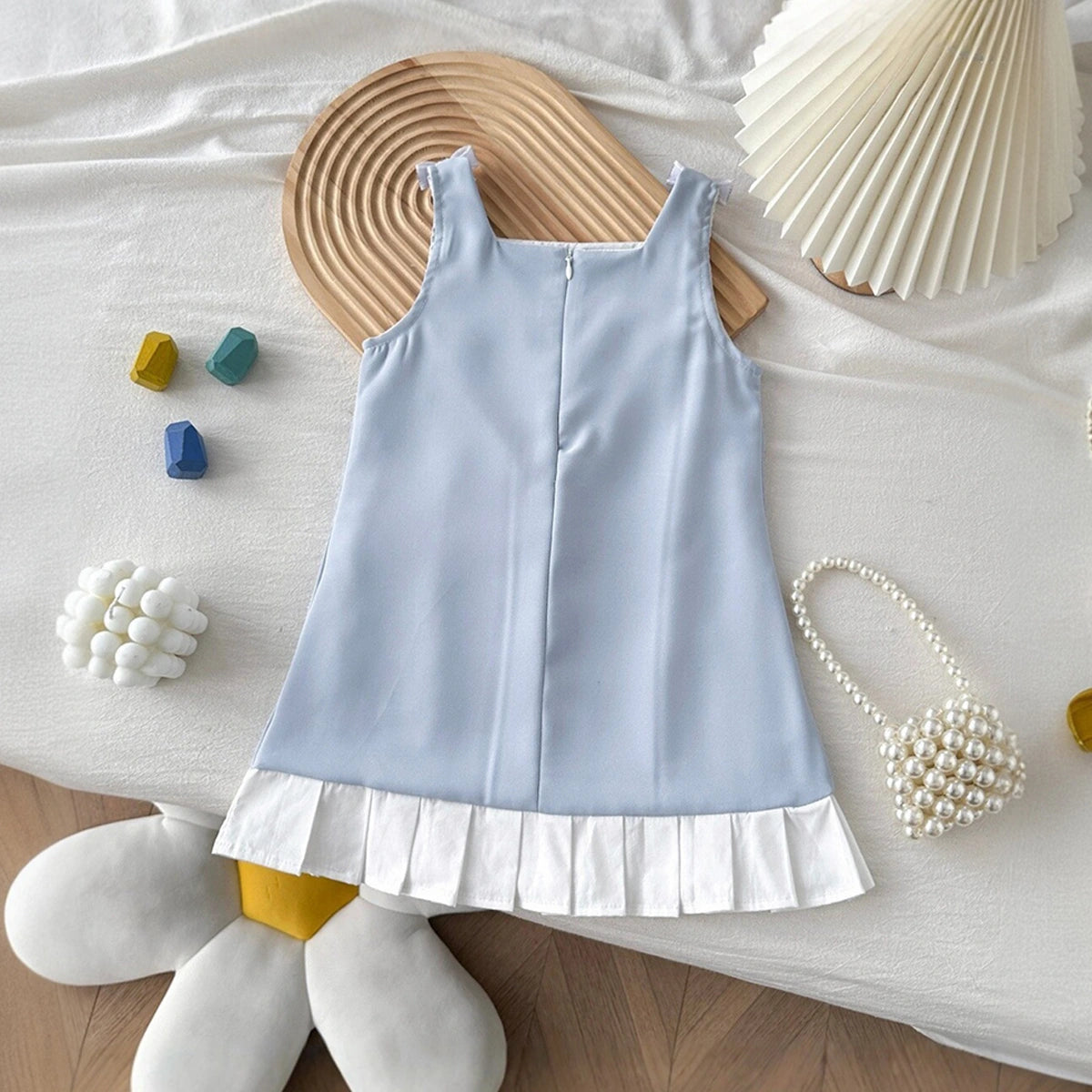 Girls Light Blue Bow Applique Sleeveless A-line Dress Casual Dresses