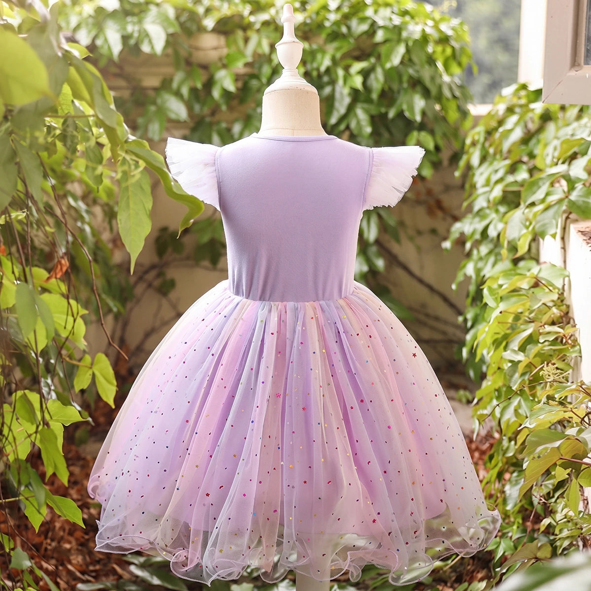 Girls Lavender Graphics Flutter Sleeve Fit & Flare Party Wear Dress Party Dresses