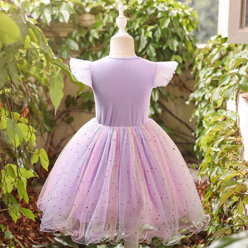 Girls Lavender Graphics Flutter Sleeve Fit & Flare Party Wear Dress Party Dresses