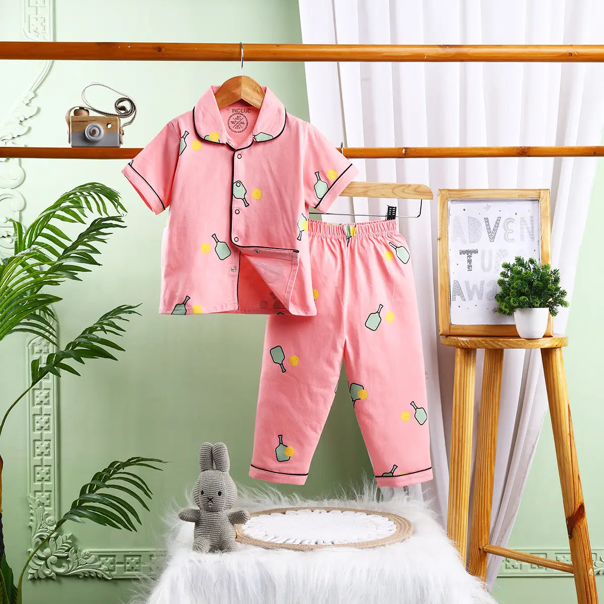 Girls Pink Printed Short Sleeve Shirt With Printed Pyjama Sets Sets Pink 6-9 M