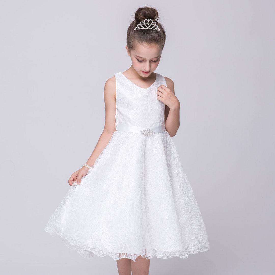 Girls White Sleeveless Embroidered Fit & Flare Party Dress Party Dresses