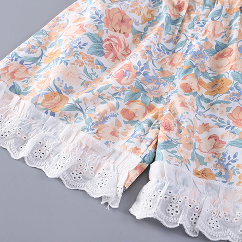Girls Orange Floral Printed Eyelet Lace Collar Top & Shorts Co-ord Sets Sets