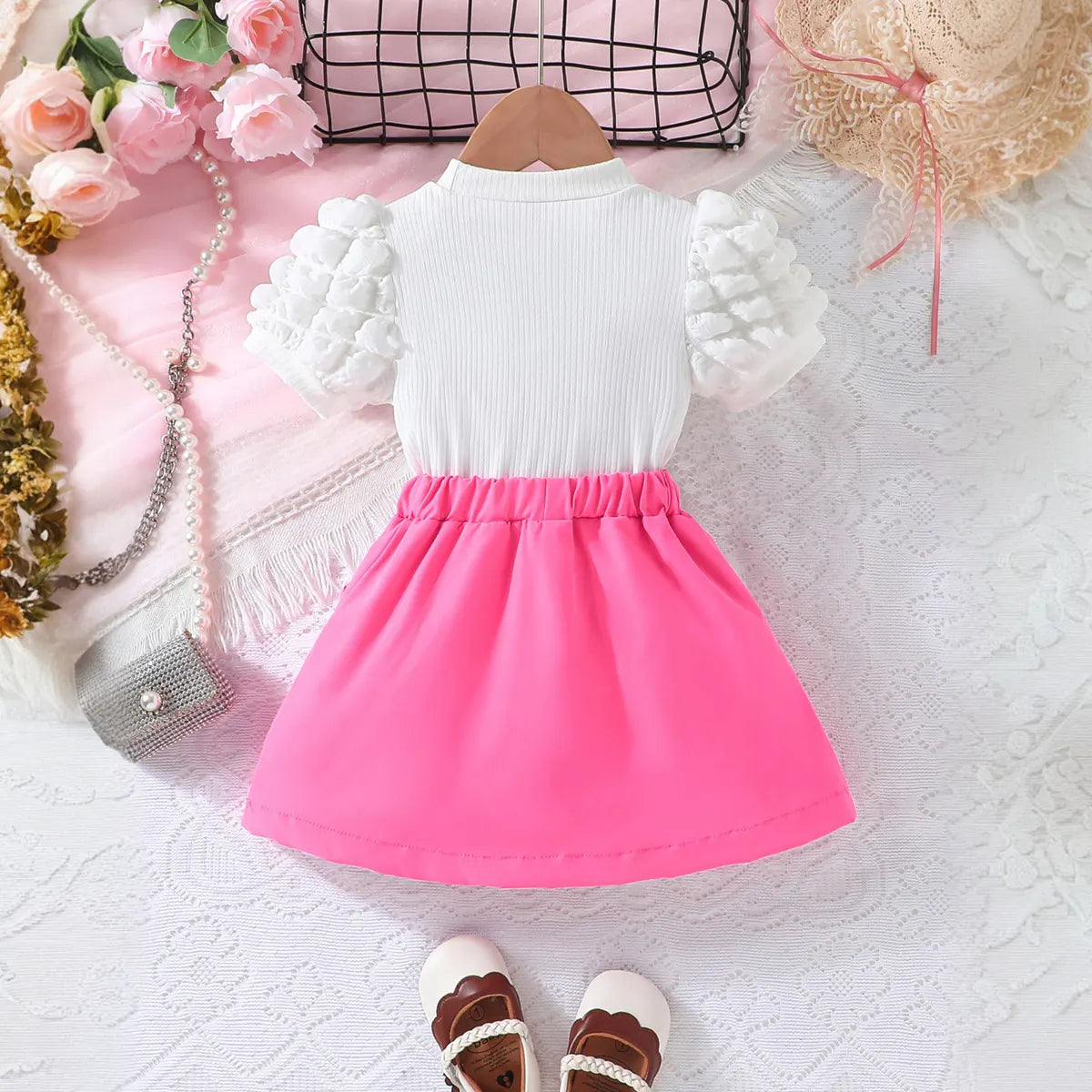 Girls White Puff Sleeves Top With Pleated Skirt Sets Sets