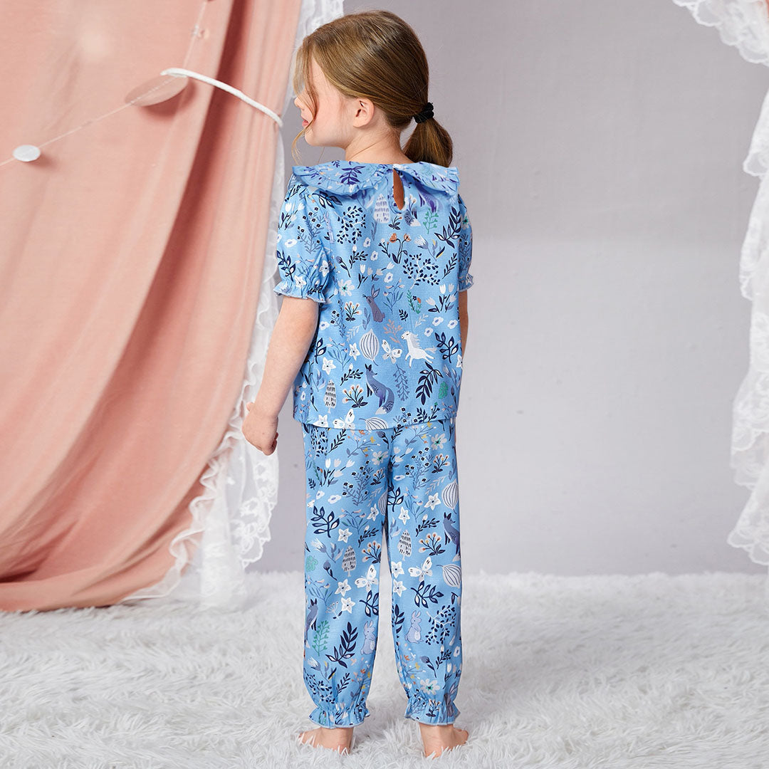 Girls Blue Tropical Printed Peter Pan Collar Top with Pajamas Nightsuit Set Sleepwear Sets