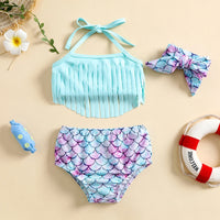 Girls Mint Blue Halter Top With Mermaid Print Briefs & Headband Swimwear Sets Sets Blue 1-2 Y