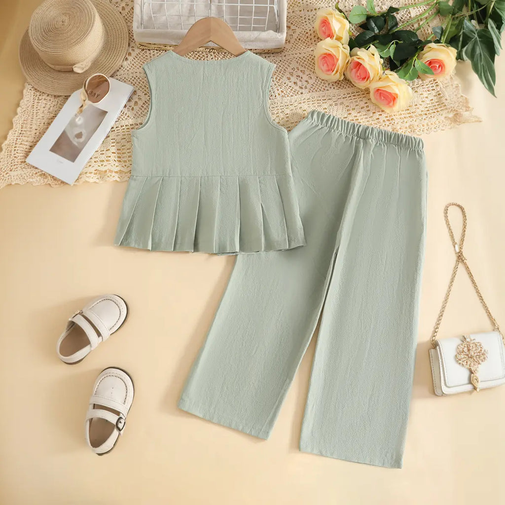 Girls Green Sleeveless Top With Pants Co-ord Sets Sets