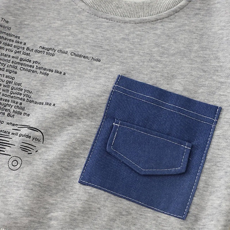 Boys Grey Typographic Printed Sweatshirt With Denim Pants Set Sets